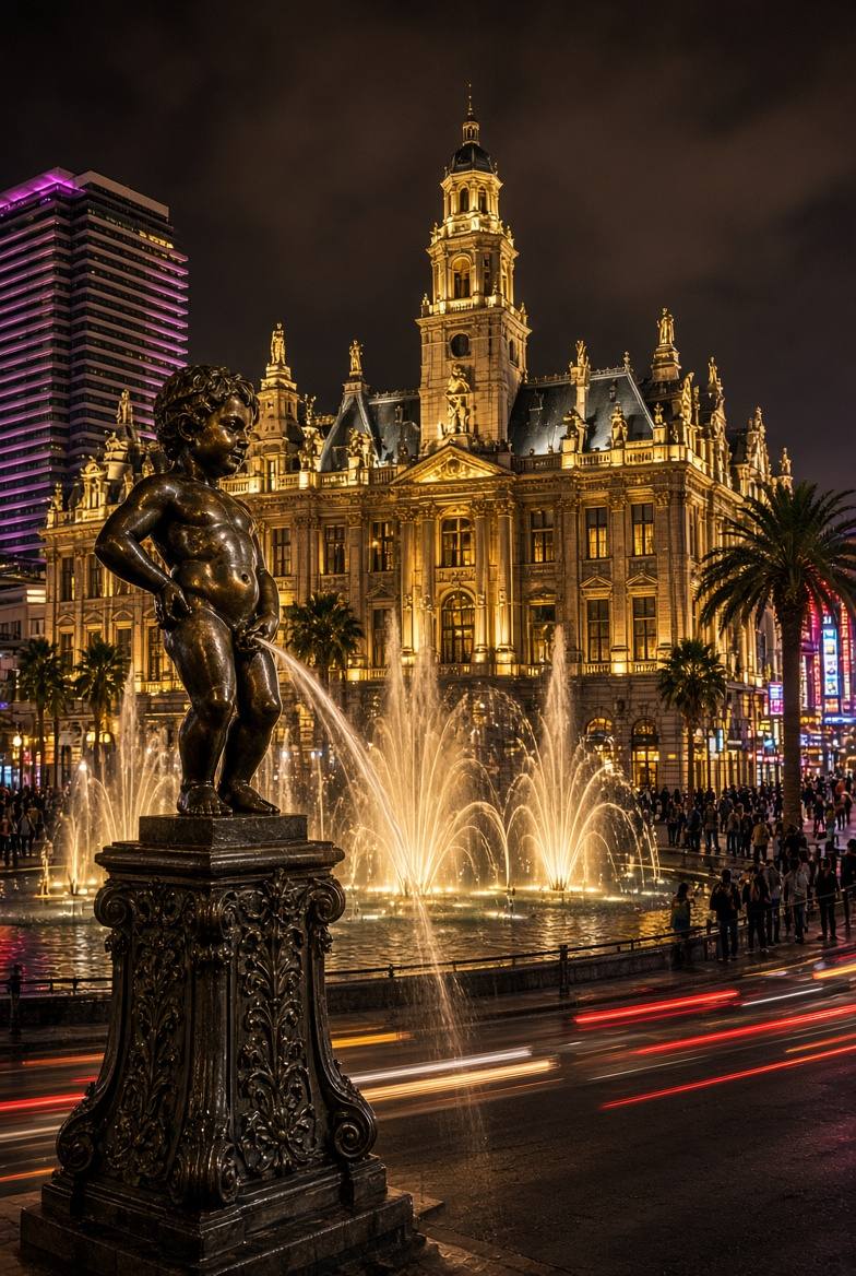 The Las Vegas Strip at night with Brussels Grand-Place facades overlaid